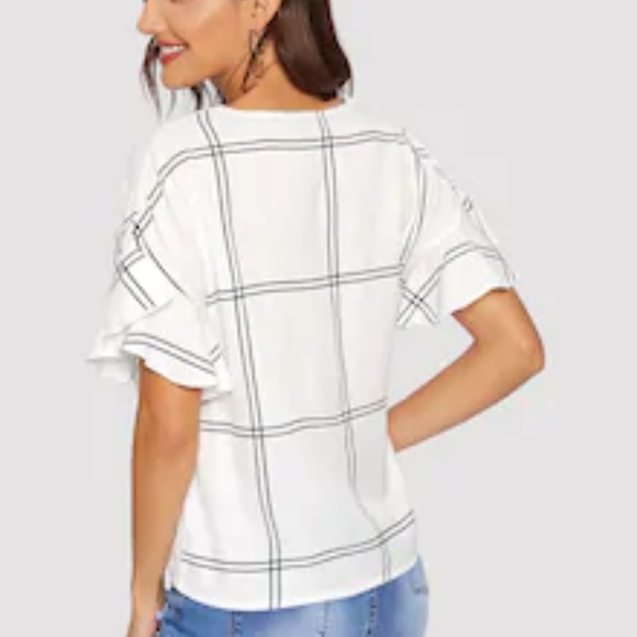 Window pane plaid v neck blouse - Picture 2 of 4